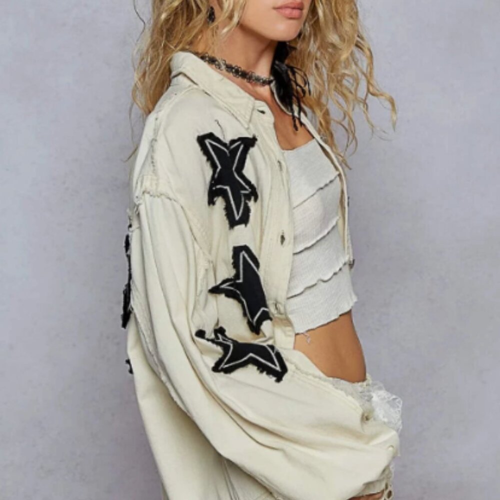 Pol Star Patch Raw Hem Button Up Chest Pockets Ov… - image 4